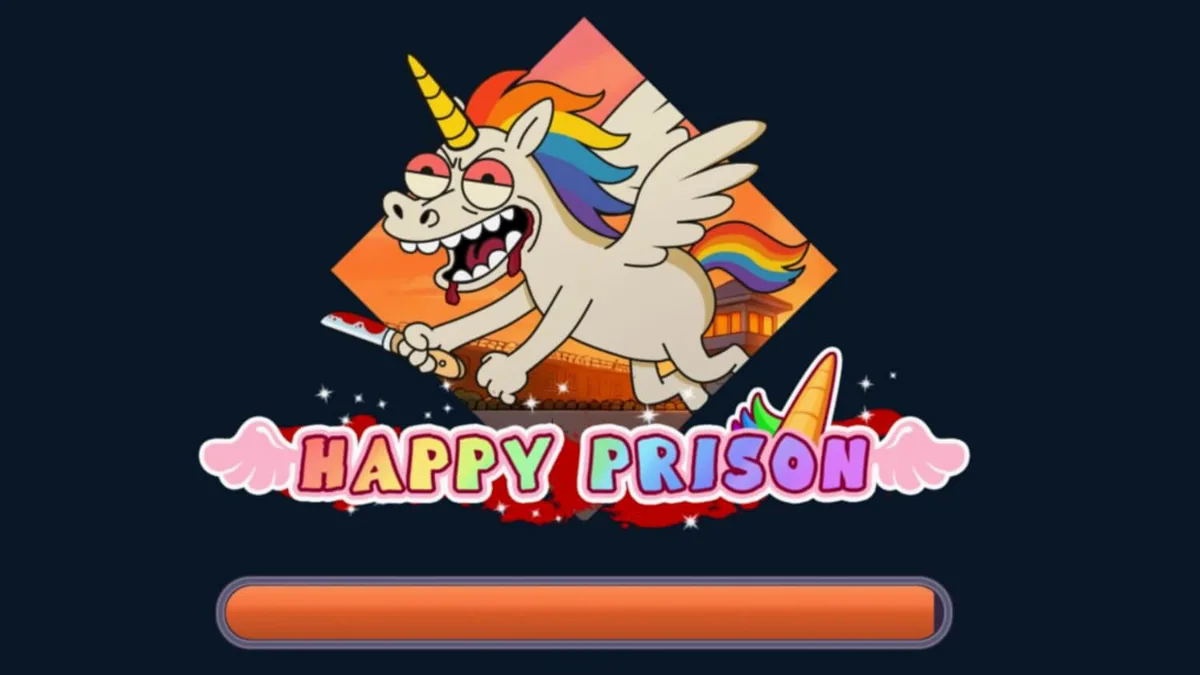 Tampilan antarmuka slot Happy Prison di perangkat seluler dengan grafis kartun yang tajam.
